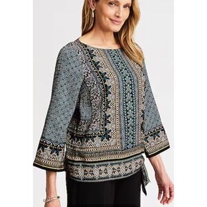 JJill Women's Blouse XL Geometric Print Tie Front 3/4 Sleeve Boat Neck